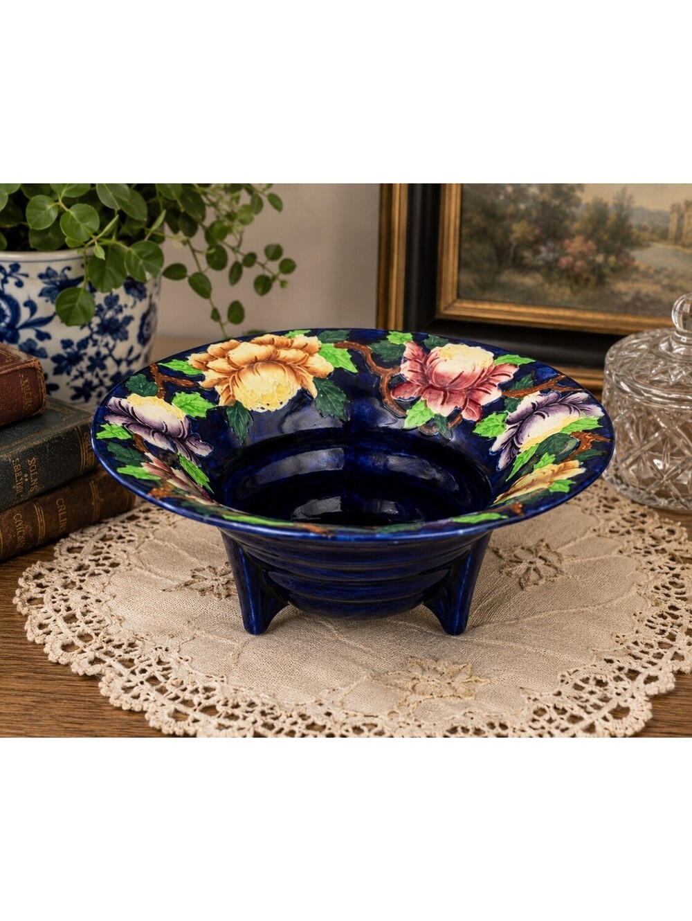 Vintage Maling Ware Newcastle England Blue Floral Art Deco Bowl 9”